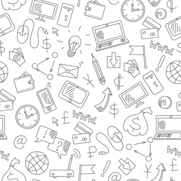 Seamless background on the topic of information technology and earn money online, simple hand-drawn contour icons, dark outline on a light background
