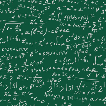 Seamless background on the topic of mathematical theorems, symbols, and formulas, light contour on a green background