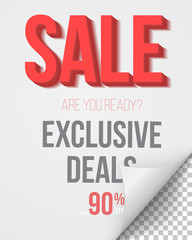 Obraz premium Illustration of Bended Curl Paper Sticker Mockup Isolated on a White Background. Big Sale Poster on Photorealistic Vector EPS10 Paper Ribbon Sticker