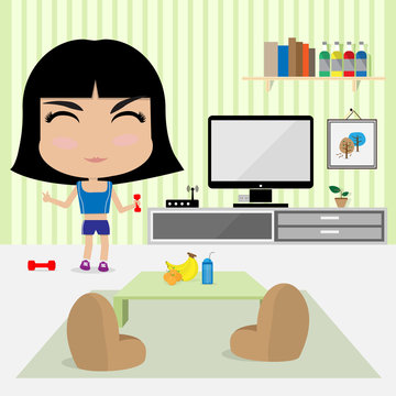 young cute girl work out at home in living room