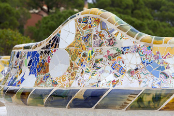 Gaudi multicolored mosaic bench  in Park Guell; Barcelona; Spain