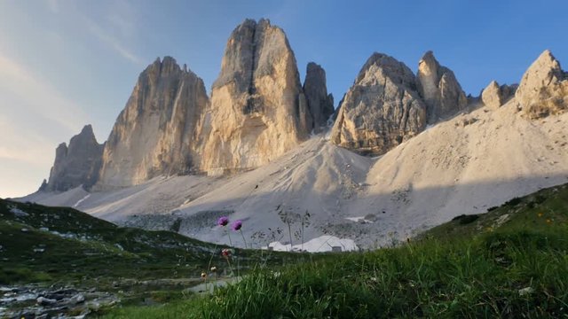 dolomites icon tre cime di lavaredo dolly shot at the sunrise