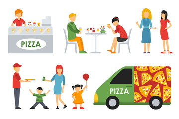 People in a Pizzeria interior flat icons set. Pizza concept web vector illustration. 