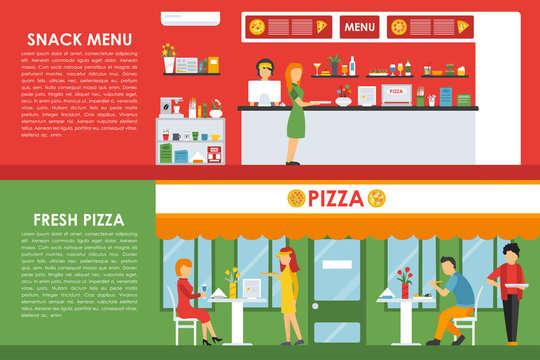 Fresh Pizza and Snack Menu flat  concept web vector illustration. Delivery & Pizzeria Restaurant interior presentation.