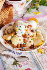 ice cream bowl with sprinkles banana, almonds, love, heart, happiness, many, waffle