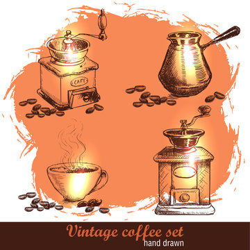 Vintage hand drawn coffee set with coffee beans. Sketch style.