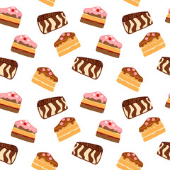 Vector seamless background with slices of cake on a white background. Sponge cake, cheesecake, cake zebra pattern. Appetizing delicious confectionery packaging design and menu