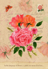 Vintage style greeting card with roses, butterfly and postage stamp