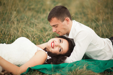 Fototapeta premium Happy wedding couple lying on green grass at the summer time