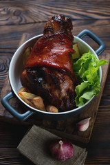 Baked pork knuckle, selective focus, studio shot