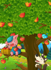 Cartoon scene of a pig on the apple tree and sneaky wolf below - illustration for children