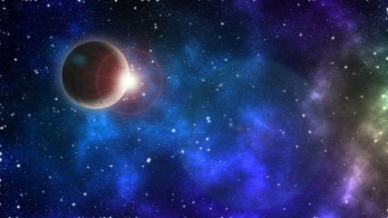 Abstract scientific background - glowing planet Earth with flash of sunrise in space ship galaxy cosmos.