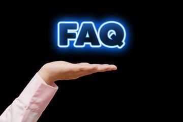 Diverse Hands Holding FAQs, blue neon light word.