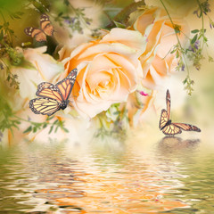 Obrazy na Szkle  Piękne róże i motyl, kwiat, kwiatowy tło