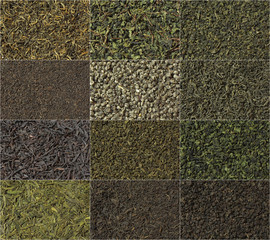 Chinese tea collage of 12 varieties of green, red , black tea . The tea leaves of different varieties.