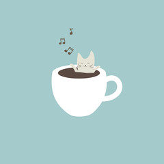 Relaxed cat in coffee cup vector design illustration.