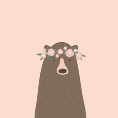 Brown bear with floral crown background vector design illustrati
