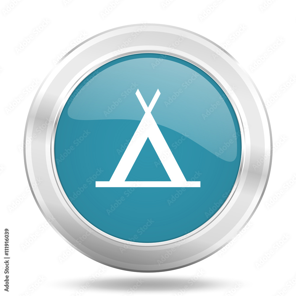 Poster camp icon, blue round glossy metallic button, web and mobile app design illustration