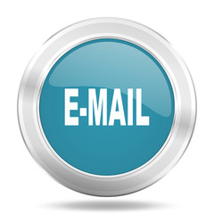 email icon, blue round glossy metallic button, web and mobile app design illustration