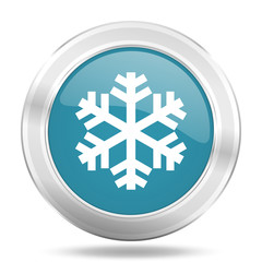 snow icon, blue round glossy metallic button, web and mobile app design illustration