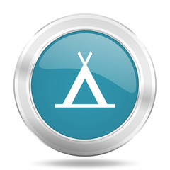 camp icon, blue round glossy metallic button, web and mobile app design illustration