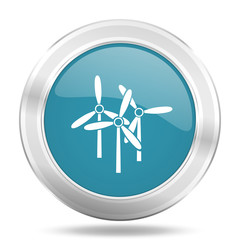 windmill icon, blue round glossy metallic button, web and mobile app design illustration