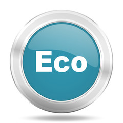 eco icon, blue round glossy metallic button, web and mobile app design illustration