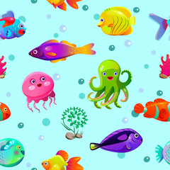 Funny seamless pattern with underwater characters