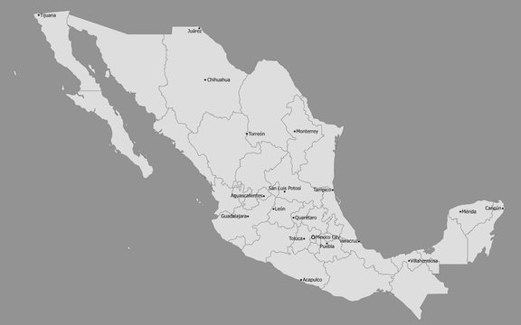 Highly Detailed Political Mexico Map, Main Cities