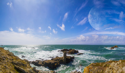 View of distant planet system from cliffs