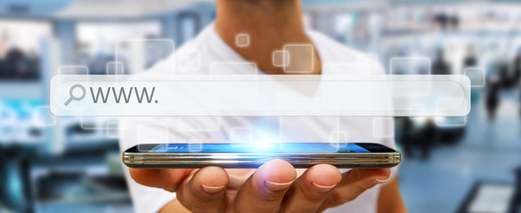 Man surfing on internet with digital tactile web address bar