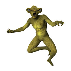 3D Rendering Green Alien on White