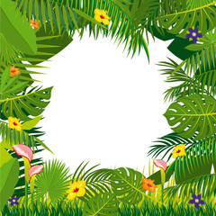 Jungle background with palm tree leaves. Floral frame with tropical flowers and vines, vector illustration