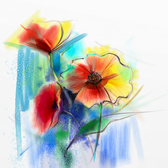 Fototapeta premium Abstract watercolor painting of spring flower. Still life of yellow, pink and red gerbera, daisy. Colorful bouquet flowers with light yellow, green, blue background. Hand Painted floral Impressionist