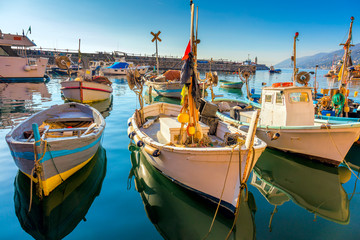 Old Mediterranean Town - marina harbor with fish boats