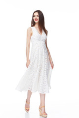 Beautiful glamour sexy woman dark brunette hair wear clothes