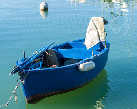 Typical fishing rowboats called gozzo in little port of Giovinazzo, Apulia - Italia