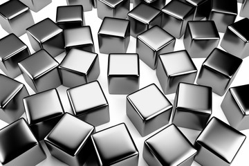 Steel cube in the crowd of scattered cubes