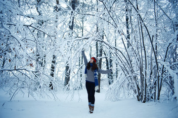 winter travel girl in forest