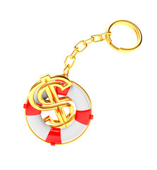 Keychain in the form of red lifebuoy with dollar sign isolated on white background.