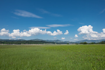 Fototapeta na wymiar Naturlandschaft mit Hügel und Berge und Dorf