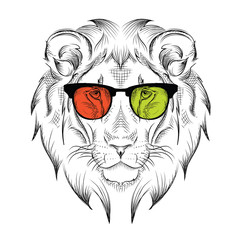 Ethnic hand drawing head of lion in the colored glasses. totem / tattoo design. Use for print, posters, t-shirts. Vector illustration