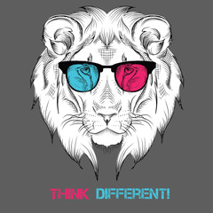 Ethnic hand drawing head of lion in the colored glasses. totem / tattoo design. Use for print, posters, t-shirts. Vector illustration