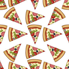 Seamless pattern color pizza with salami