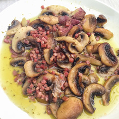 Mushroom and ham tapas. Spain, Ayamonte, Andalusia
