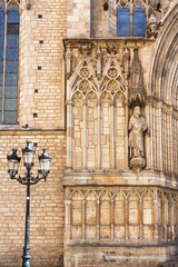 Facade of the Basilica Santa Maria del Mar Catalan Gothic style in Barcelona, Catalonia, Spain