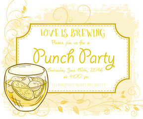 vector hand drawn punch party invitation card, vintage frame, glass and leaves