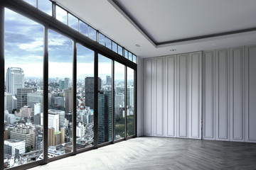 Fototapeta na wymiar view tokyo city from luxury resident with white wall and a glas
