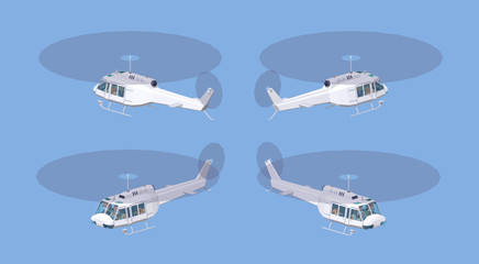 White helicopter. 3D lowpoly isometric vector illustration. The set of objects isolated against the blue background and shown from different sides