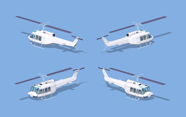 White helicopter. 3D lowpoly isometric vector illustration. The set of objects isolated against the blue background and shown from different sides